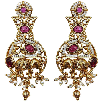 Gold and ruby Rajputi elephant design necklace set earrings with intricate detailing and pearl accents