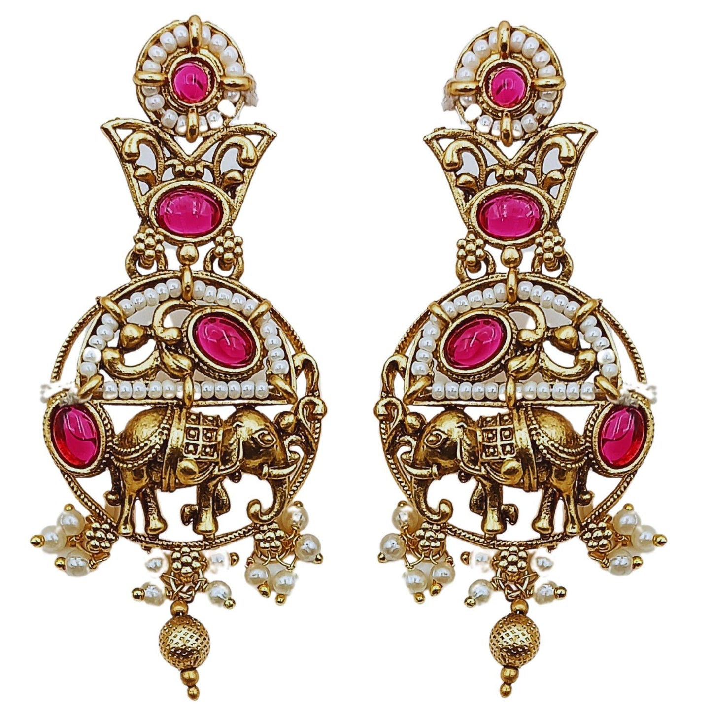 Gold tone Rajputi elephant design necklace set earrings with pink stones and pearl accents