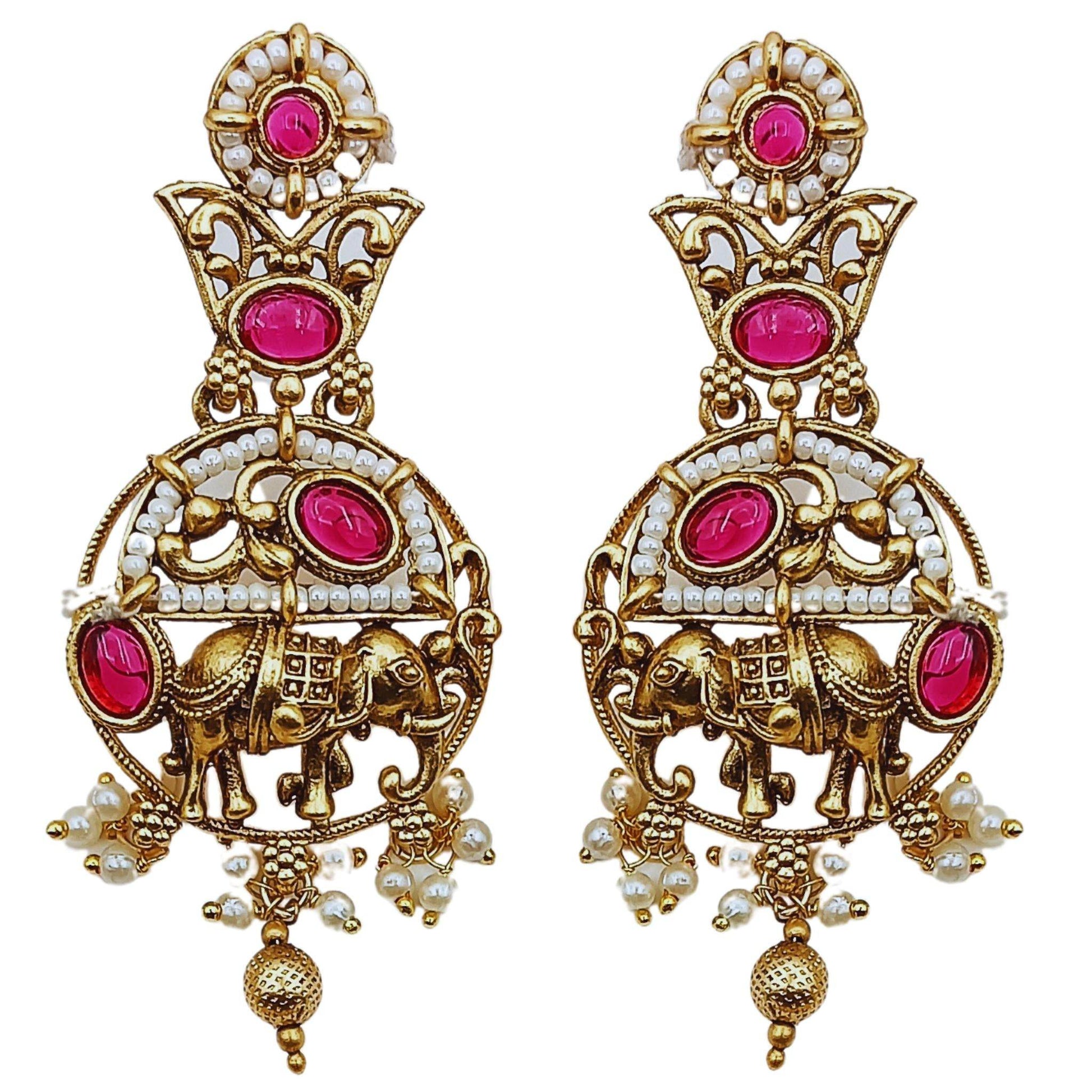 Gold tone Rajputi elephant design necklace set earrings with pink stones and pearl accents