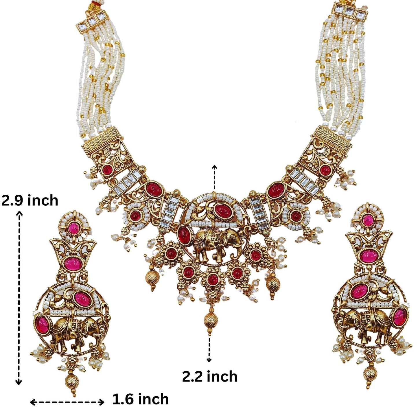Rajputi elephant design necklace set with intricate gold detailing and red gemstone accents