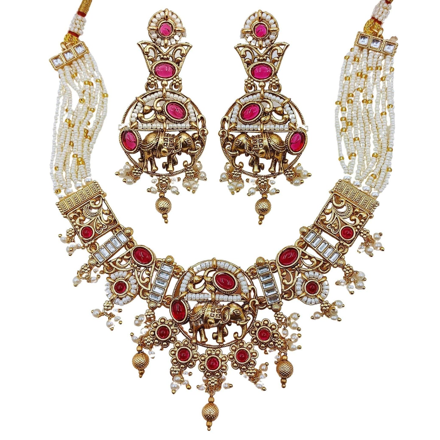 Rajputi elephant design necklace set with gold finish, red stones, pearl beads, and matching earrings
