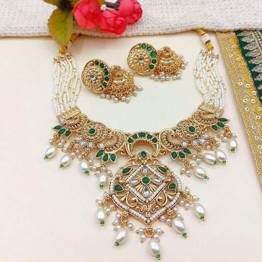 Nandai Jewels Rajputi Jewellery Pearl Green Necklace Set - Nandai Jewels