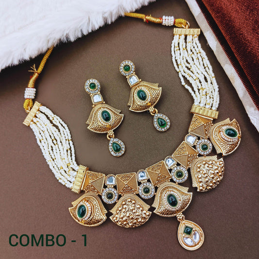 Rajwadi ethnic necklace for women with matching green stone earrings and intricate gold design