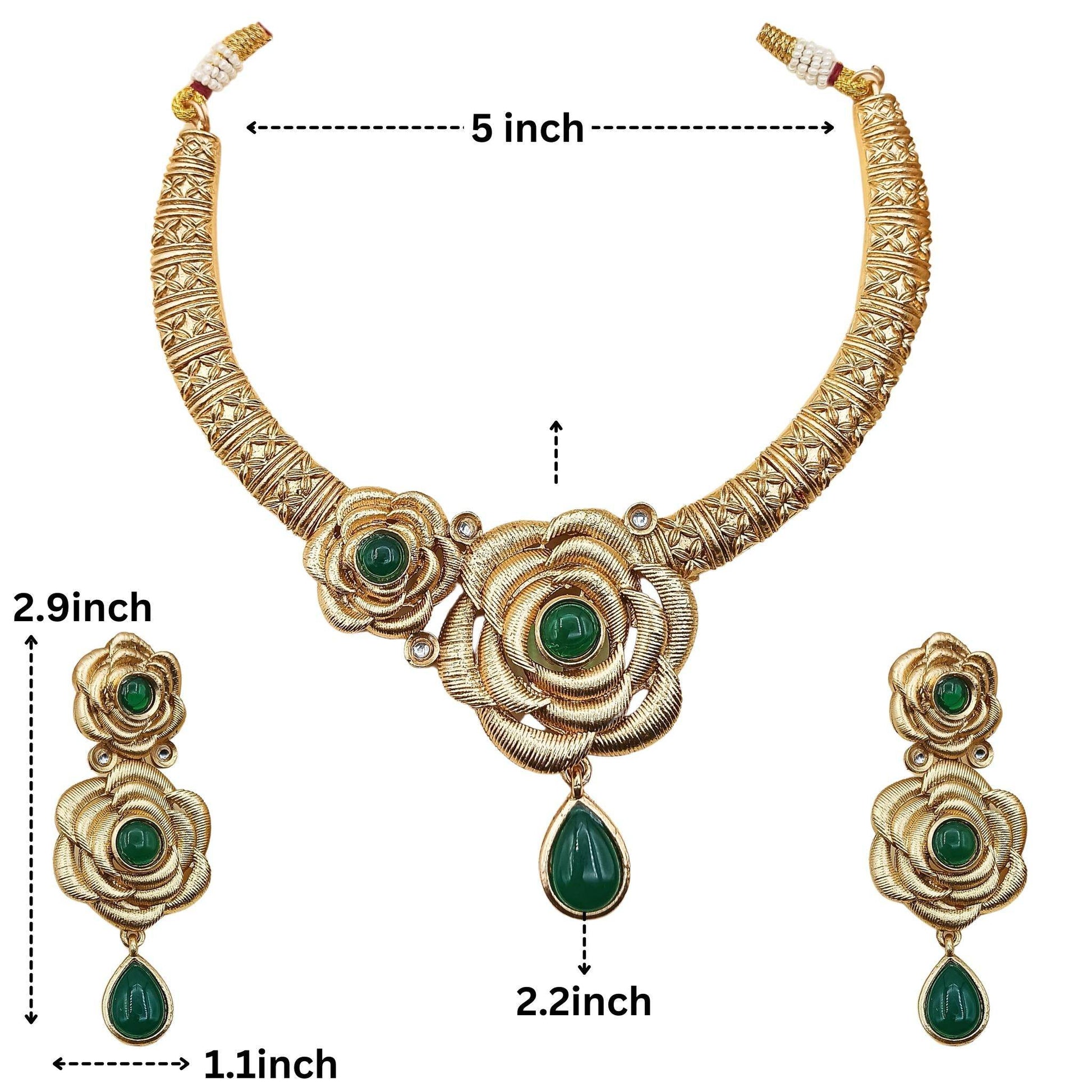 Rajwadi flower necklace set with intricate gold design and green gemstone accents including matching earrings