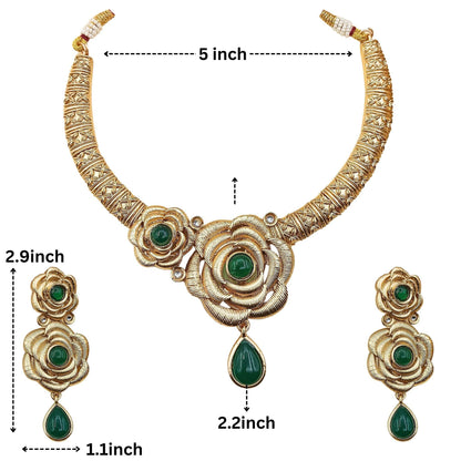Rajwadi flower necklace set with intricate gold design and green gemstone accents including matching earrings