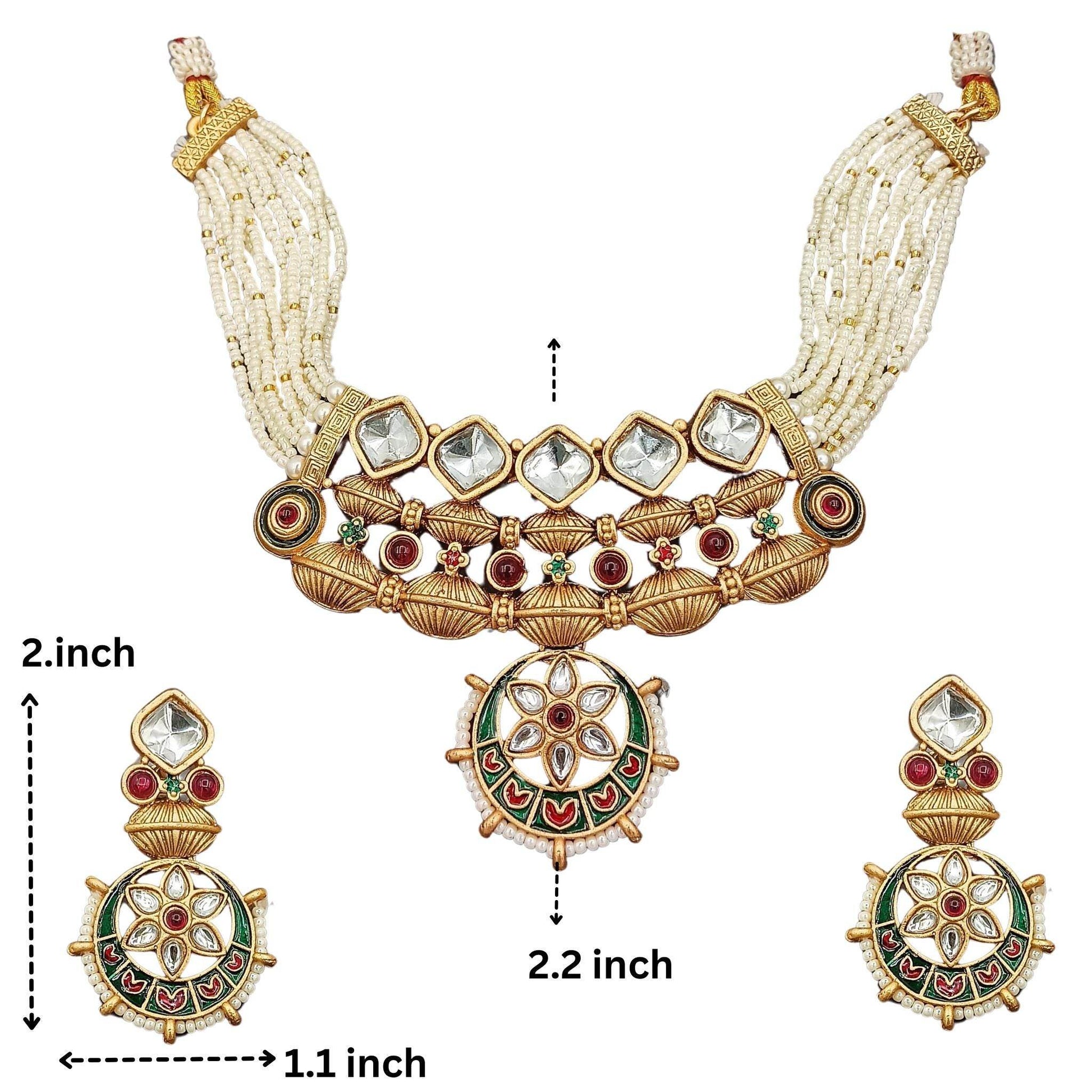 Rajwadi jewelry set for women with pearl strands and intricate gold and green enamel work