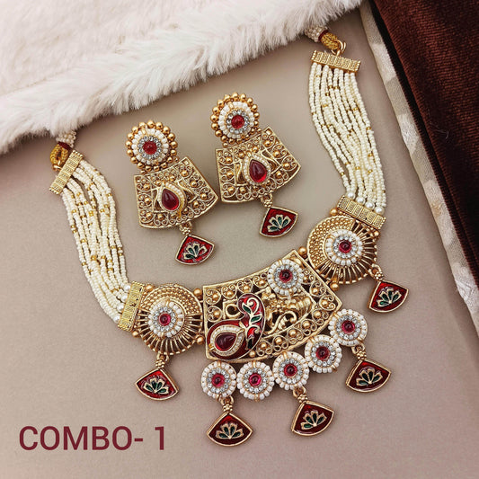 Rajwadi necklace set for women with gold-tone and pearl beads featuring intricate red and white stone designs